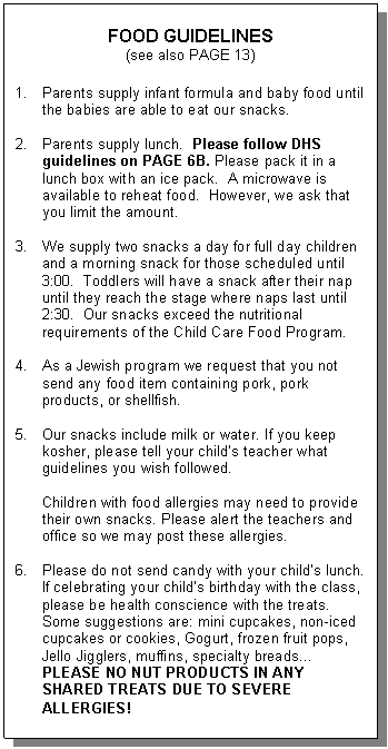 Text Box: FOOD GUIDELINES  (see also PAGE 13)    1.	Parents supply infant formula and baby food until the babies are able to eat our snacks.    2.	Parents supply lunch.  Please follow DHS guidelines on PAGE 6B. Please pack it in a lunch box with an ice pack.  A microwave is available to reheat food.  However, we ask that you limit the amount.    3.	We supply two snacks a day for full day children and a morning snack for those scheduled until 3:00.  Toddlers will have a snack after their nap until they reach the stage where naps last until 2:30.  Our snacks exceed the nutritional requirements of the Child Care Food Program.    4.	As a Jewish program we request that you not send any food item containing pork, pork products, or shellfish.    5.	Our snacks include milk or water. If you keep kosher, please tell your child’s teacher what guidelines you wish followed.    Children with food allergies may need to provide their own snacks. Please alert the teachers and office so we may post these allergies.    6.	Please do not send candy with your child’s lunch. If celebrating your child’s birthday with the class, please be health conscience with the treats. Some suggestions are: mini cupcakes, non-iced cupcakes or cookies, Gogurt, frozen fruit pops, Jello Jigglers, muffins, specialty breads… PLEASE NO NUT PRODUCTS IN ANY SHARED TREATS DUE TO SEVERE ALLERGIES!  